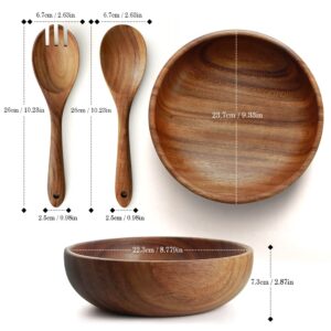 AOOSY Wooden Salad Bowls, Large Acacia Wood Salad Serving Bowl with Serving Tongs, 9.3" D x 2.8" H Round Bowls Set for Mixing Fruits Cereal Pasta
