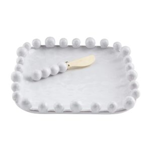 mud pie beaded boxed cheese set, plate 9" x 9" | spreader 6 1/2", white