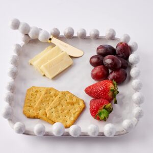 Mud Pie Beaded Boxed Cheese Set, plate 9" x 9" | spreader 6 1/2", White