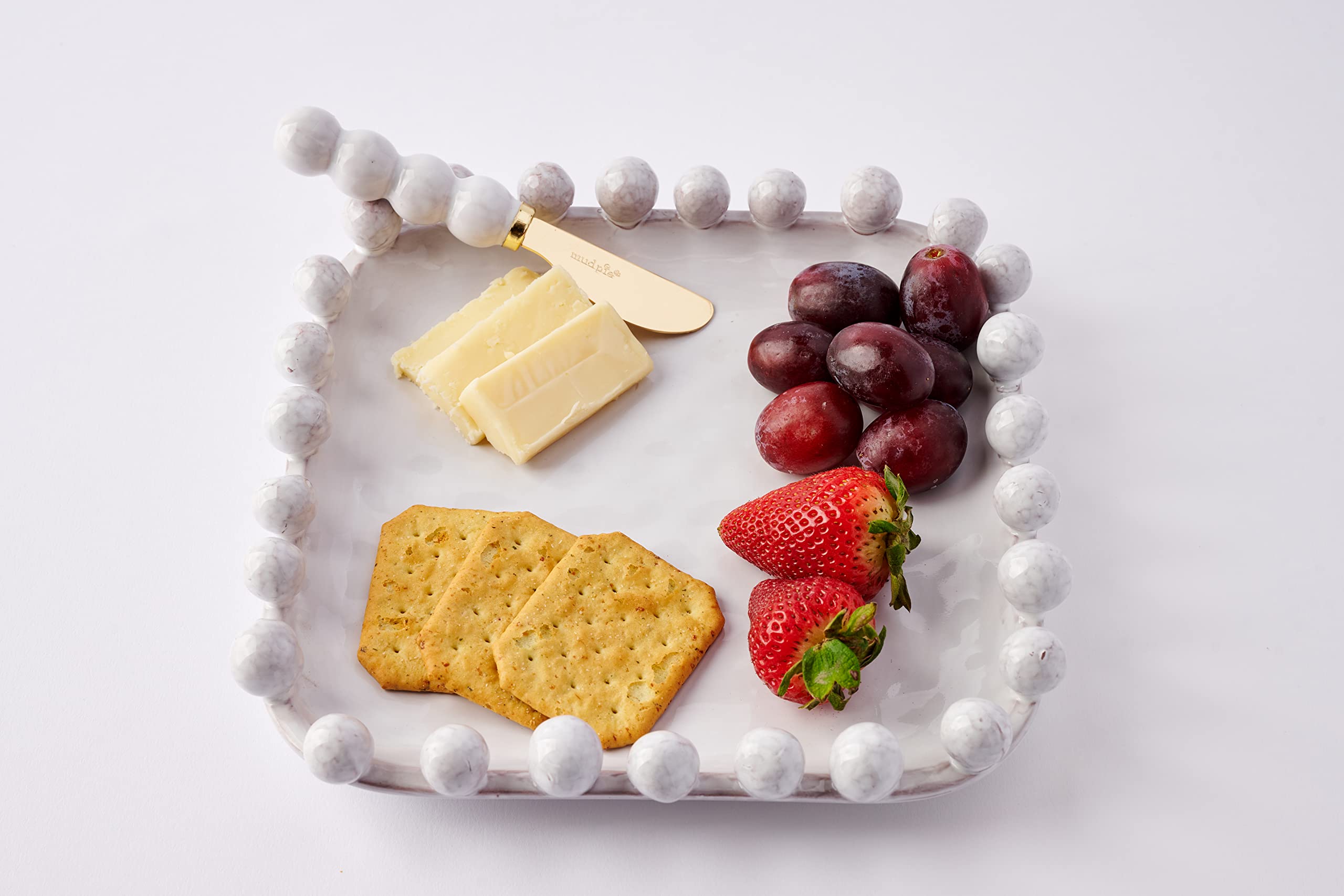 Mud Pie Beaded Boxed Cheese Set, plate 9" x 9" | spreader 6 1/2", White
