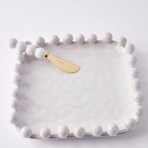 Mud Pie Beaded Boxed Cheese Set, plate 9" x 9" | spreader 6 1/2", White