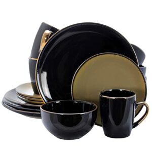 elama round stoneware grand collection dinnerware dish set, 16 piece, black and warm taupe
