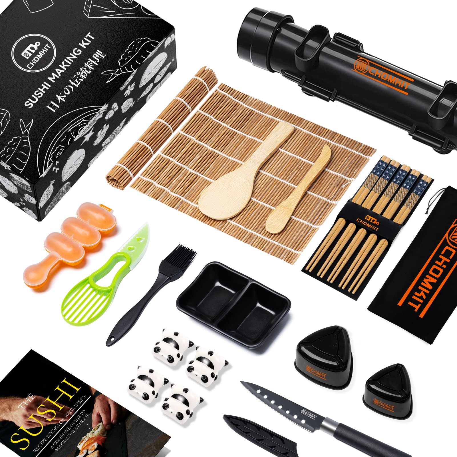 CHOMKIT Sushi Making Kit for Beginners, 25 in 1 Sushi Bazooka Kit with Sushi Mat, Sushi Mold, Sushi Knife, Chopsticks with Guide Book, Deluxe Edition DIY Sushi Machine for Kids