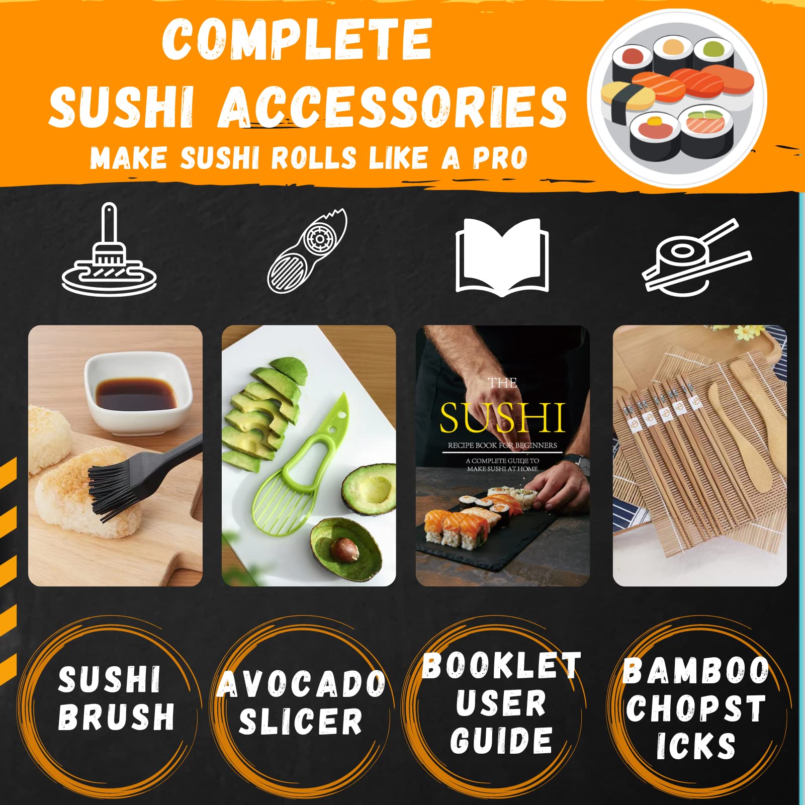 CHOMKIT Sushi Making Kit for Beginners, 25 in 1 Sushi Bazooka Kit with Sushi Mat, Sushi Mold, Sushi Knife, Chopsticks with Guide Book, Deluxe Edition DIY Sushi Machine for Kids