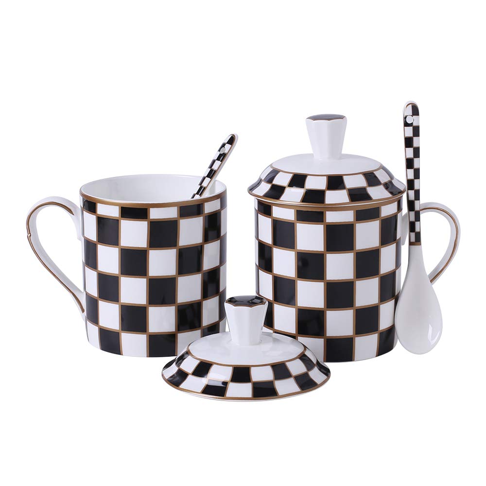 Porlien Checker Pattern Mug Set of 2 with Lid and Spoon, 15oz, Matching Checker Dinnerware Set