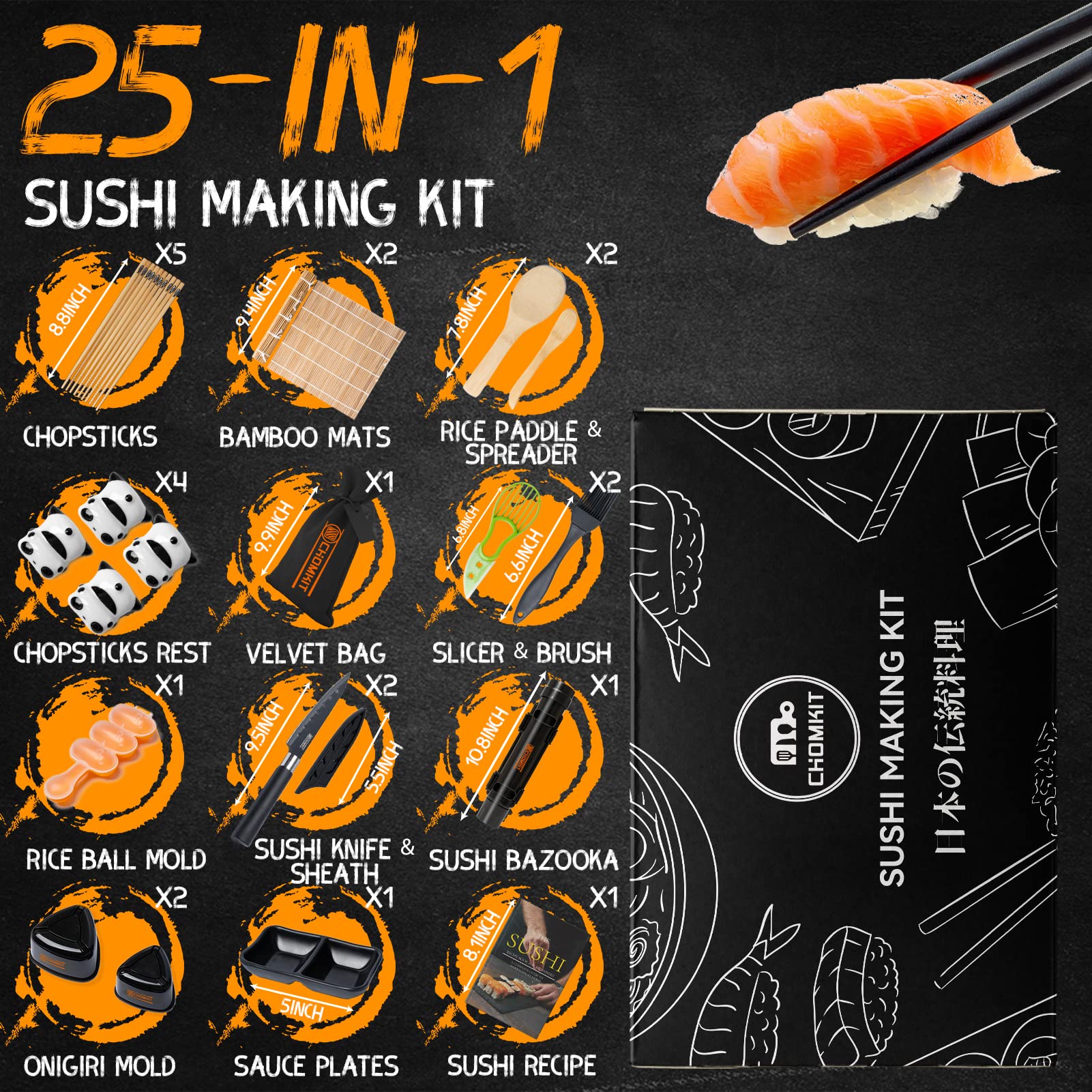 CHOMKIT Sushi Making Kit for Beginners, 25 in 1 Sushi Bazooka Kit with Sushi Mat, Sushi Mold, Sushi Knife, Chopsticks with Guide Book, Deluxe Edition DIY Sushi Machine for Kids