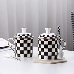 Porlien Checker Pattern Mug Set of 2 with Lid and Spoon, 15oz, Matching Checker Dinnerware Set