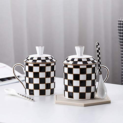 Porlien Checker Pattern Mug Set of 2 with Lid and Spoon, 15oz, Matching Checker Dinnerware Set