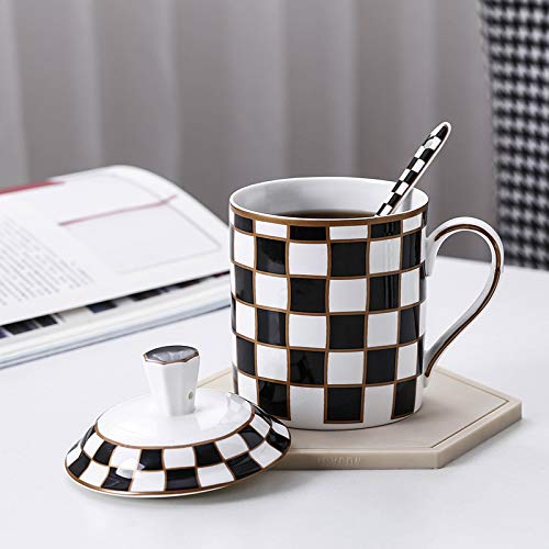 Porlien Checker Pattern Mug Set of 2 with Lid and Spoon, 15oz, Matching Checker Dinnerware Set