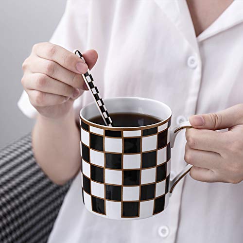 Porlien Checker Pattern Mug Set of 2 with Lid and Spoon, 15oz, Matching Checker Dinnerware Set