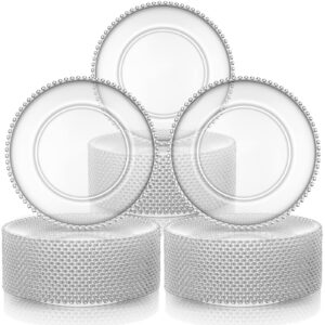 50 pieces clear charger plates bulk 13 inch plastic round dinner plate with beaded rim acrylic embossed dinner chargers decorative plates for home kitchen party wedding events dinner tabletop decor