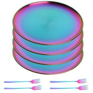 jyjfgsfa rainbow stainless steel dinner plates set with fork, set of 8, colorful metal dessert salad plates for eating dinner camping, unbreakable and reusable kids platter indian dishwasher safe