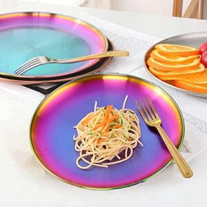 JYJFGSFA Rainbow Stainless Steel Dinner Plates Set with Fork, Set of 8, Colorful Metal Dessert Salad Plates for Eating Dinner Camping, Unbreakable and Reusable Kids Platter Indian Dishwasher Safe