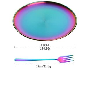 JYJFGSFA Rainbow Stainless Steel Dinner Plates Set with Fork, Set of 8, Colorful Metal Dessert Salad Plates for Eating Dinner Camping, Unbreakable and Reusable Kids Platter Indian Dishwasher Safe