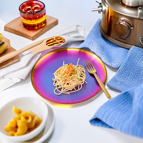 JYJFGSFA Rainbow Stainless Steel Dinner Plates Set with Fork, Set of 8, Colorful Metal Dessert Salad Plates for Eating Dinner Camping, Unbreakable and Reusable Kids Platter Indian Dishwasher Safe