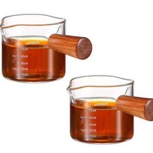 Espresso Shot Glass 75ML Double Spouts Espresso Measuring Cup Milk Cup Espresso Accessories with Wood Handle for Barista Coffee Espresso Making (2 Pack)