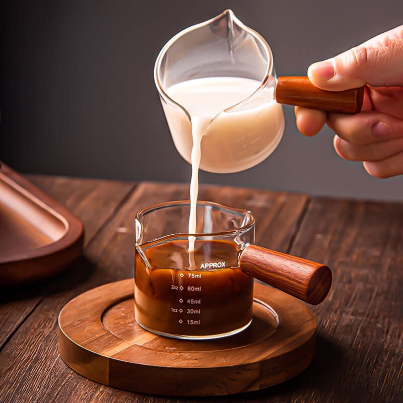 Espresso Shot Glass 75ML Double Spouts Espresso Measuring Cup Milk Cup Espresso Accessories with Wood Handle for Barista Coffee Espresso Making (2 Pack)