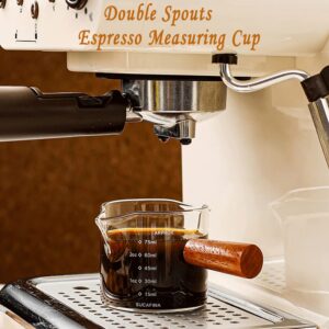 Espresso Shot Glass 75ML Double Spouts Espresso Measuring Cup Milk Cup Espresso Accessories with Wood Handle for Barista Coffee Espresso Making (2 Pack)