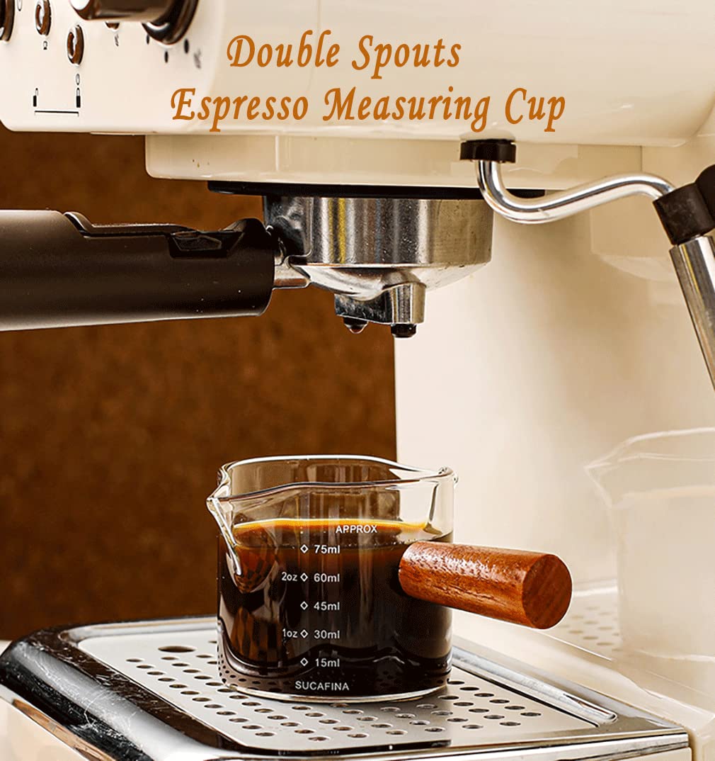 Espresso Shot Glass 75ML Double Spouts Espresso Measuring Cup Milk Cup Espresso Accessories with Wood Handle for Barista Coffee Espresso Making (2 Pack)