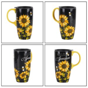 Topadorn Ceramic Coffee Mug Gift for Home & Office, 17oz. Porcelain Latte Travel Cup with Lid and Color Box, Sunflower Art Tea Mug with Handle, 6.5" H