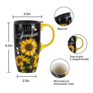 Topadorn Ceramic Coffee Mug Gift for Home & Office, 17oz. Porcelain Latte Travel Cup with Lid and Color Box, Sunflower Art Tea Mug with Handle, 6.5" H