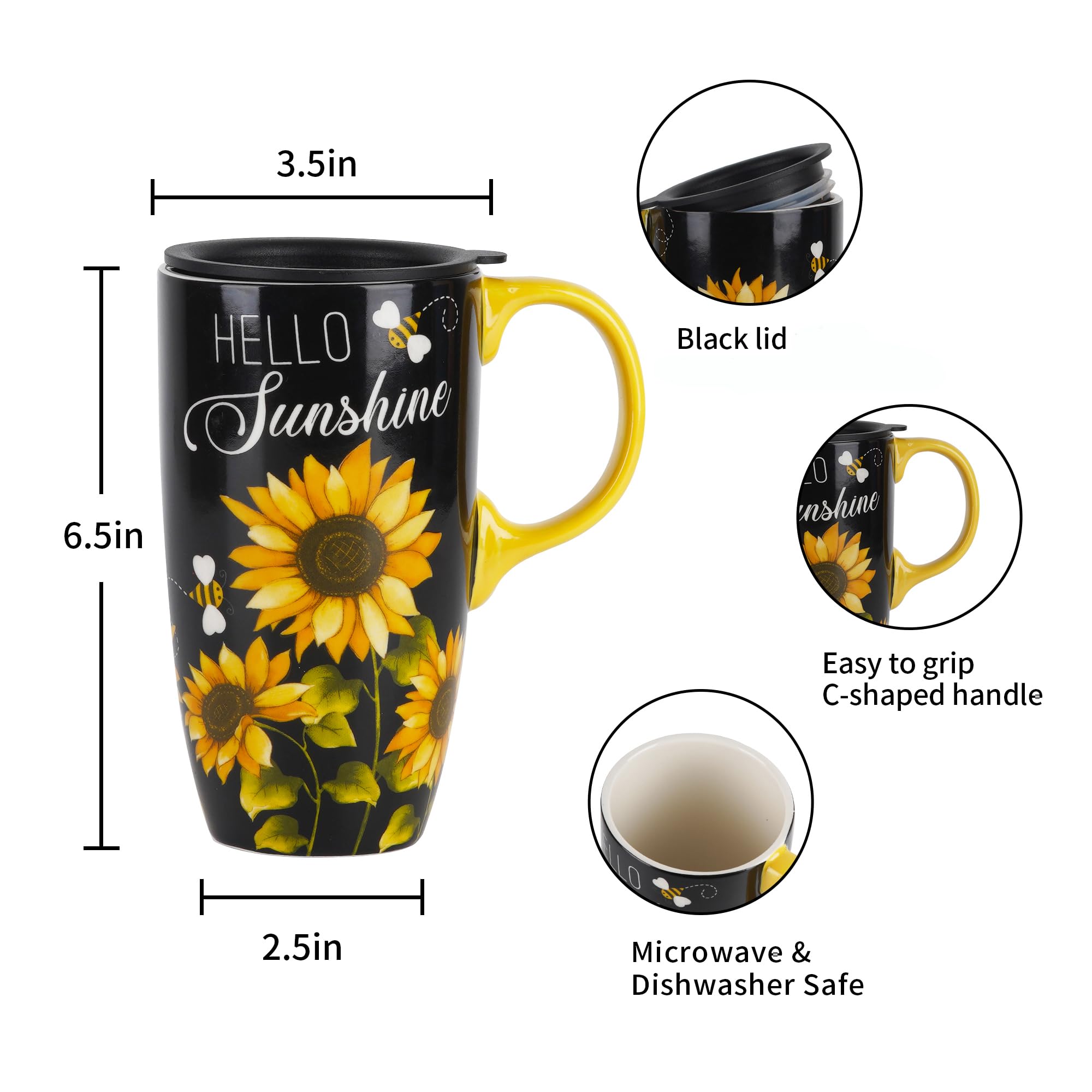 Topadorn Ceramic Coffee Mug Gift for Home & Office, 17oz. Porcelain Latte Travel Cup with Lid and Color Box, Sunflower Art Tea Mug with Handle, 6.5" H