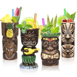 suprobarware tiki mugs set of 4– ceramic hawaiian party mugs large drinkware, tiki bar mugs for cocktails, tropical cups drinks for exotic party - tjb02 (4pcs)