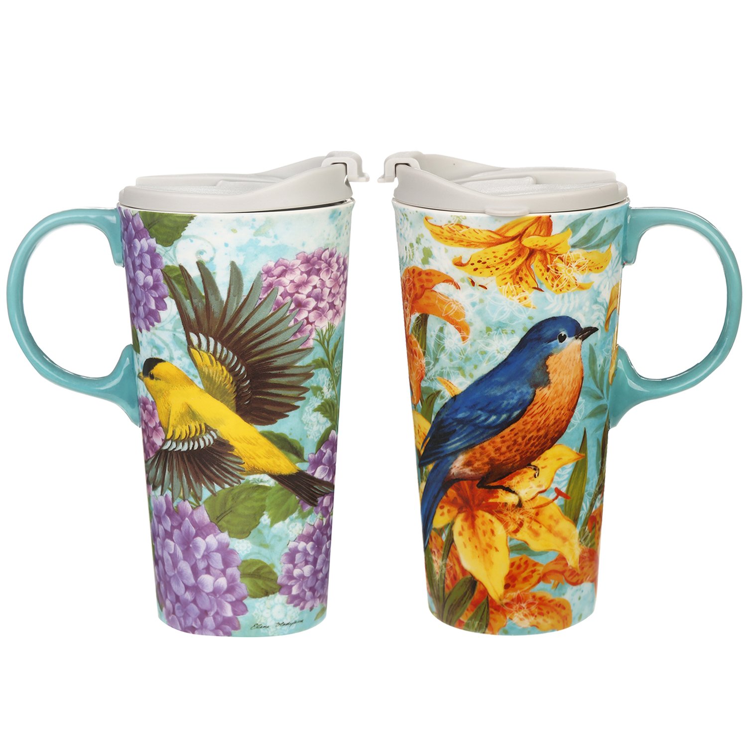 CEDAR HOME Coffee Ceramic Mug Porcelain Latte Tea Cup With Lid 17oz. Goldfinches, Set of 2