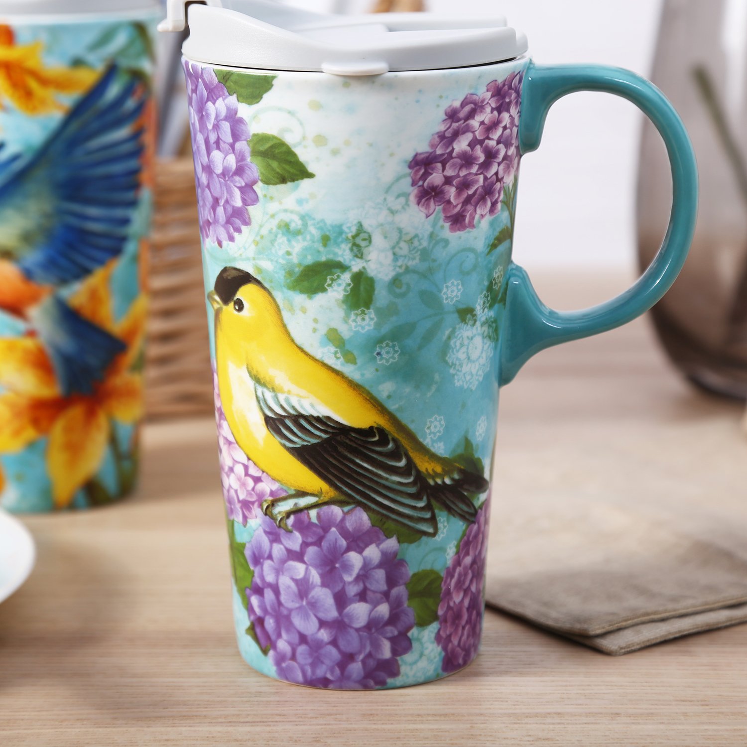 CEDAR HOME Coffee Ceramic Mug Porcelain Latte Tea Cup With Lid 17oz. Goldfinches, Set of 2