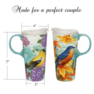 CEDAR HOME Coffee Ceramic Mug Porcelain Latte Tea Cup With Lid 17oz. Goldfinches, Set of 2