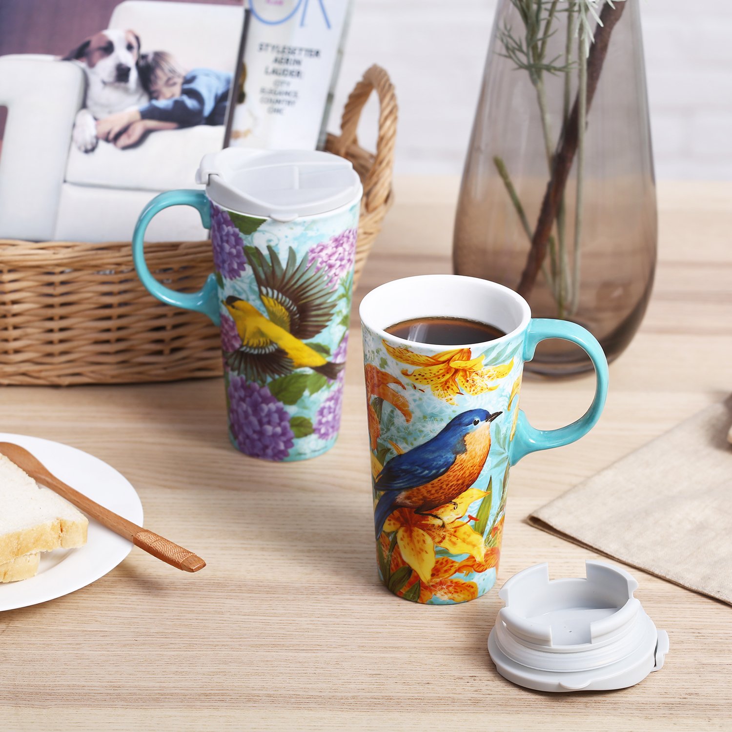 CEDAR HOME Coffee Ceramic Mug Porcelain Latte Tea Cup With Lid 17oz. Goldfinches, Set of 2