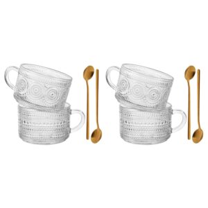 btgllas 400ml vintage coffee mugs with metal spoon glass coffee cup 13 oz set of 4 clear embossed engrave tea cups beverage,latte,anniversary, valentine,birthday,christmas (2setmugs)