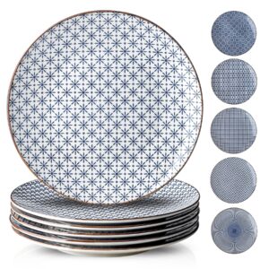 yelloya japanese large dinner plates set 10.6 inch-salad serving dishes set of 6-blue and white plates,dishwasher & microwave safe, assorted pattern plates