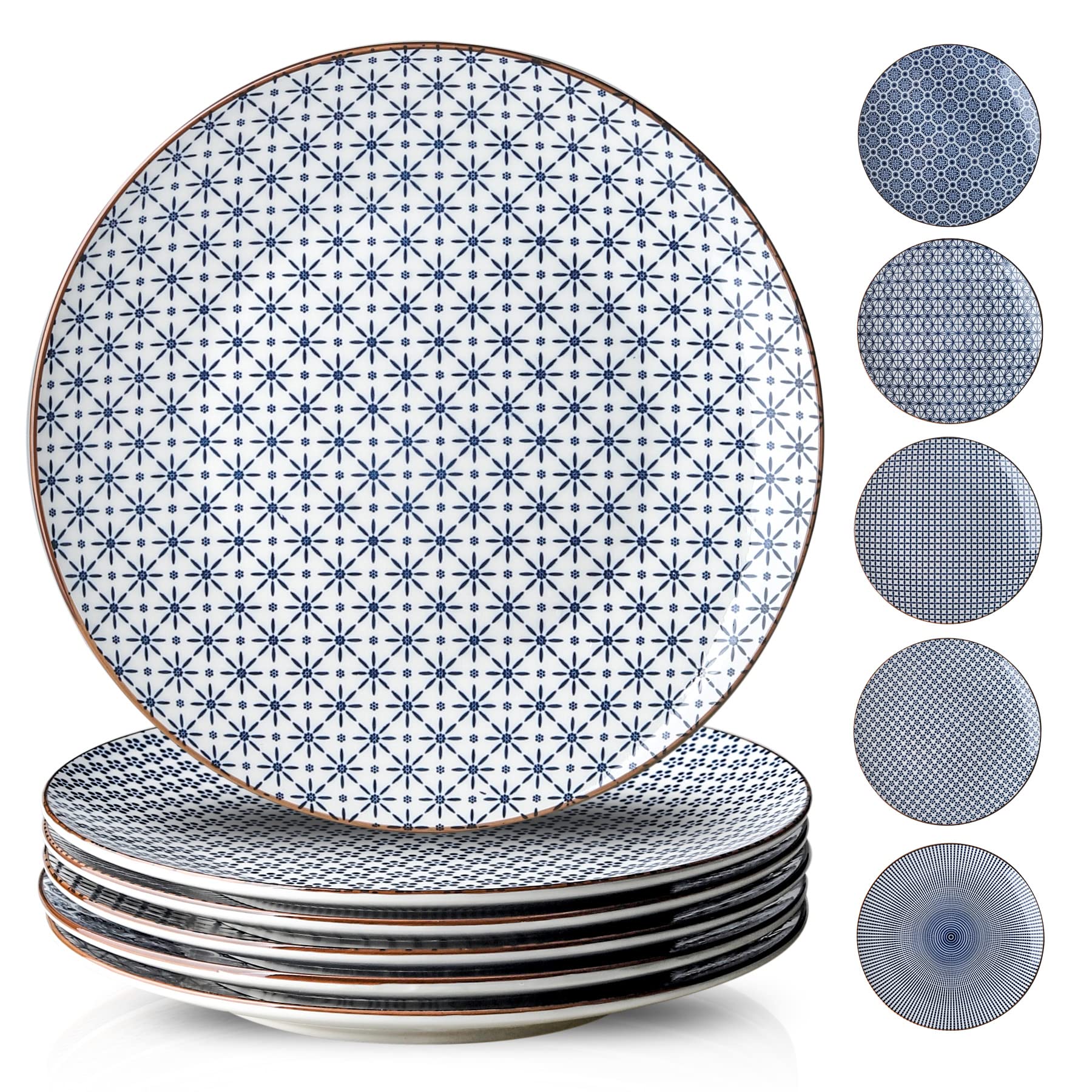 YELLOYA Japanese Large Dinner Plates Set 10.6 Inch-Salad Serving Dishes Set of 6-Blue and White Plates,Dishwasher & Microwave Safe, Assorted Pattern Plates