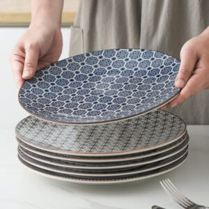 YELLOYA Japanese Large Dinner Plates Set 10.6 Inch-Salad Serving Dishes Set of 6-Blue and White Plates,Dishwasher & Microwave Safe, Assorted Pattern Plates