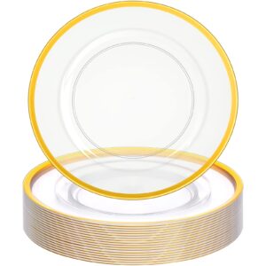 pinkunn 24 pcs charger plates bulk 13 inch plastic round dinner plate gold rim serving plates clear plastic plates for party banquet wedding family kitchen table decor supplies