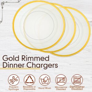 Pinkunn 24 Pcs Charger Plates Bulk 13 Inch Plastic Round Dinner Plate Gold Rim Serving Plates Clear Plastic Plates for Party Banquet Wedding Family Kitchen Table Decor Supplies