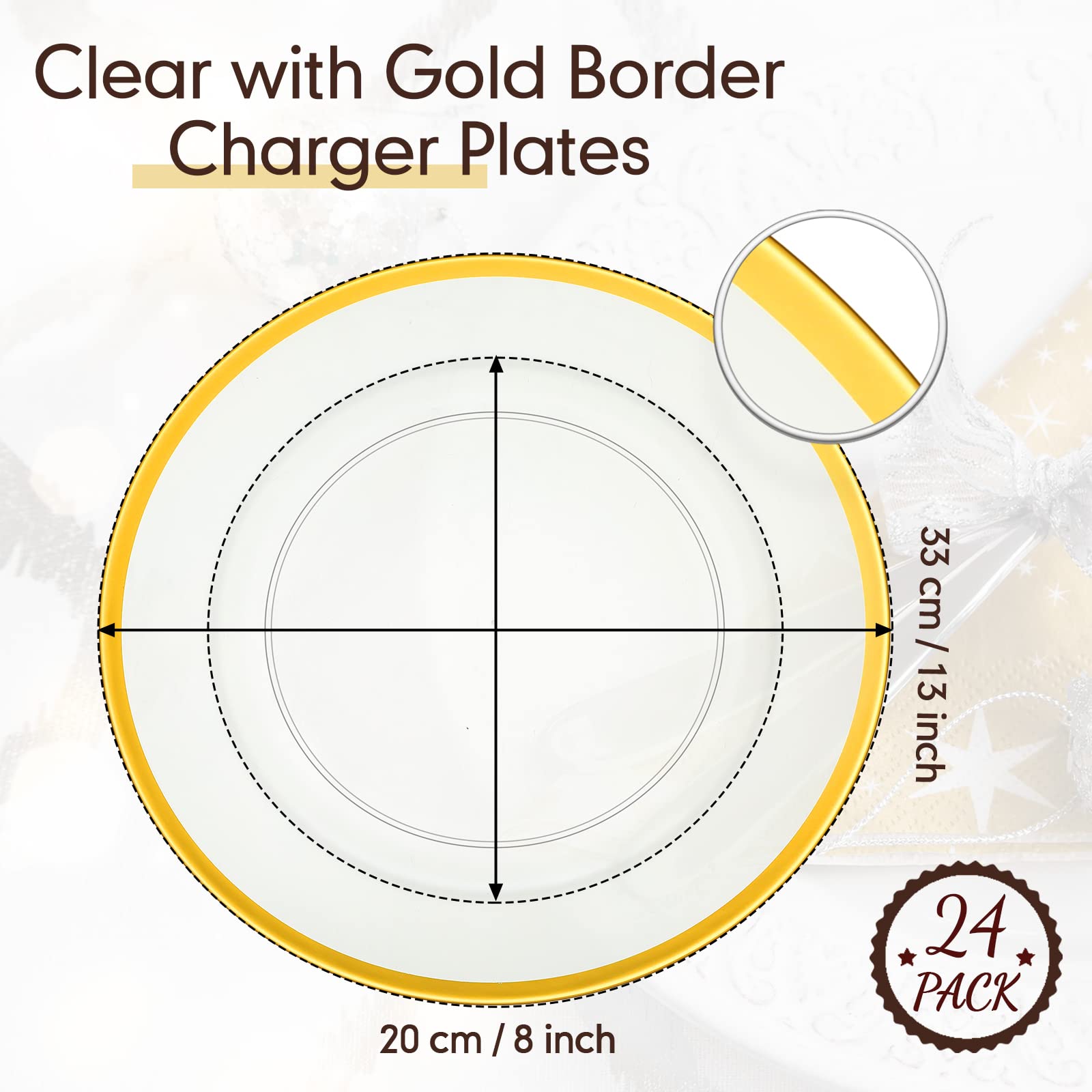 Pinkunn 24 Pcs Charger Plates Bulk 13 Inch Plastic Round Dinner Plate Gold Rim Serving Plates Clear Plastic Plates for Party Banquet Wedding Family Kitchen Table Decor Supplies