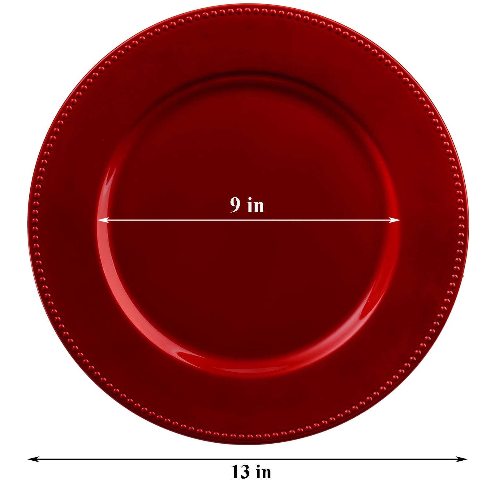 Okllen 12 Pack Plastic Round Charger Plates, 13" Red Beaded Charger Plates Decorative Dinner Chargers, Embossed Charger Serving Plates for Wedding, Catering Event, Tabletop Decor