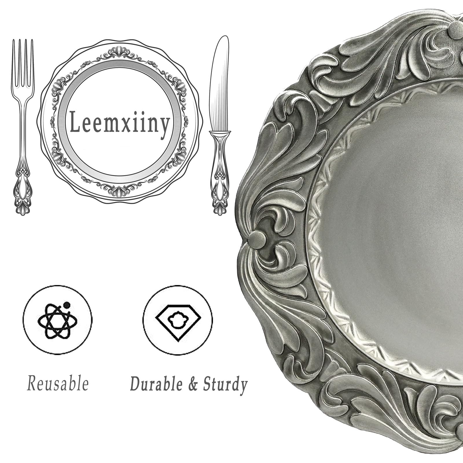 Leemxiiny Antique Silver Charger Plates with Embossed Edge, Plastic Flora Decorative Chargers for Dinner Plates Set of 6 Bulk Wedding for Table Setting, Party, Holiday