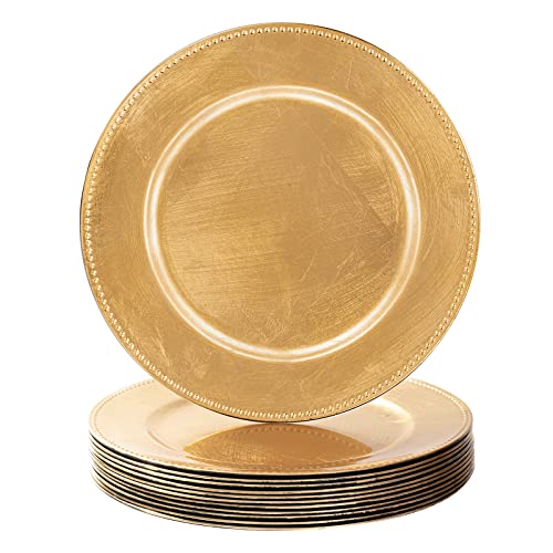 MAONAME Gold Charger Plates Set of 12, Foil 13" Plate Chargers with Beaded, Plastic Round Chargers for Dinner Plates, Table Setting