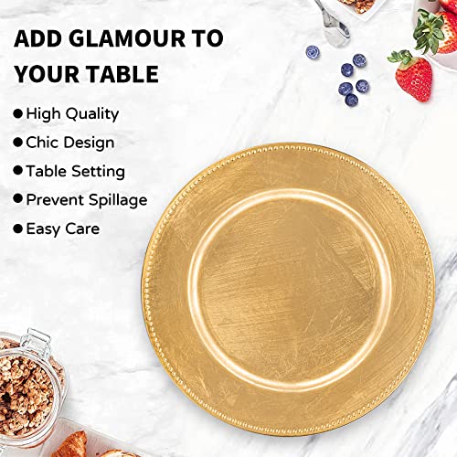 MAONAME Gold Charger Plates Set of 12, Foil 13" Plate Chargers with Beaded, Plastic Round Chargers for Dinner Plates, Table Setting