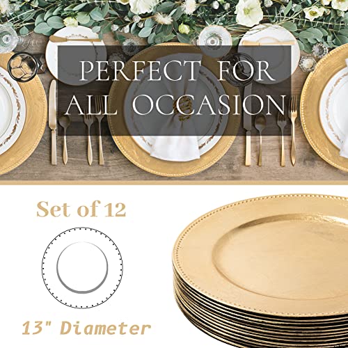 MAONAME Gold Charger Plates Set of 12, Foil 13" Plate Chargers with Beaded, Plastic Round Chargers for Dinner Plates, Table Setting