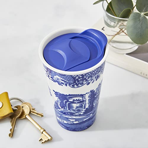 Spode Blue Italian Travel Mug | Made of Porcelain | Travel Tumbler for Coffee and Tea | Hot Water Cup | Dishwasher and Microwave Safe (8 oz)