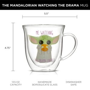 JoyJolt Watching The Drama Unfold Grogu 13.5oz Coffee Mug, Double Wall Mug Set of 2. Large Espresso Cups, Cappuccino or Latte Cup. Mandalorian Star Wars Mugs, Glass Coffee Cup, Insulated Coffee Mug