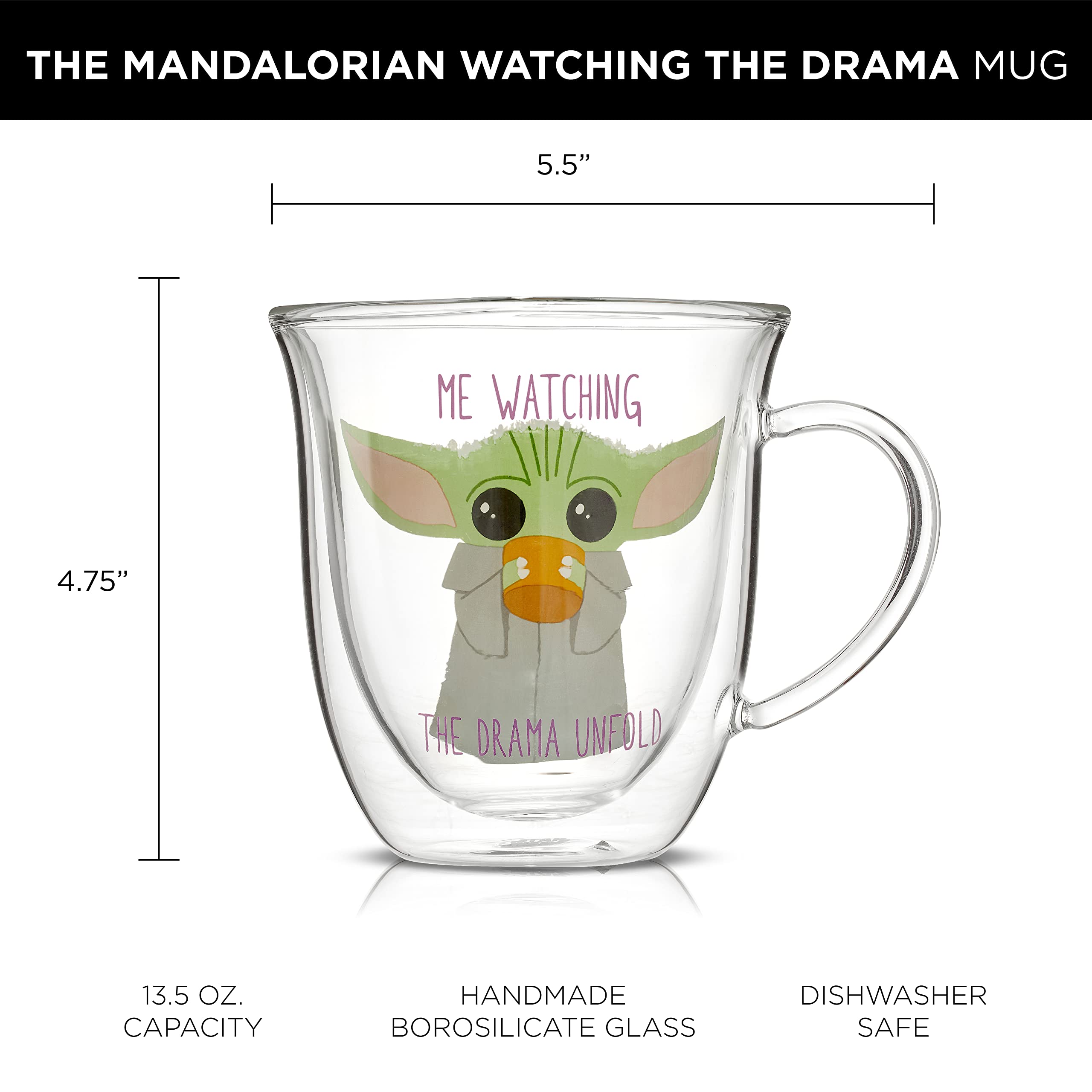 JoyJolt Watching The Drama Unfold Grogu 13.5oz Coffee Mug, Double Wall Mug Set of 2. Large Espresso Cups, Cappuccino or Latte Cup. Mandalorian Star Wars Mugs, Glass Coffee Cup, Insulated Coffee Mug