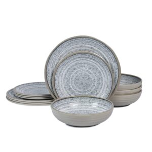 gofunfun melamine dinnerware sets 12 pcs - service for 4 plates & bowls sets dishwasher top-shelf safe, bpa free dinner dishes set for everyday use-granite pattern gray