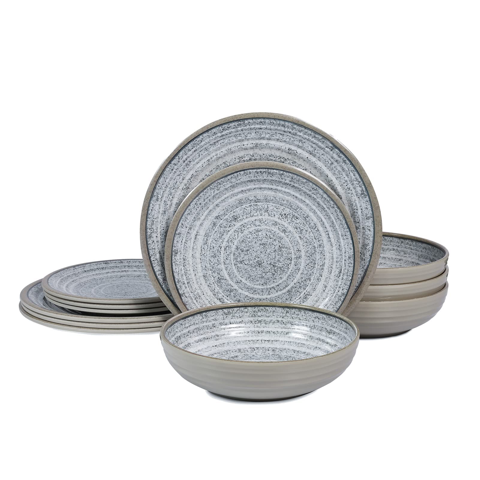 Gofunfun Melamine Dinnerware Sets 12 PCS - Service for 4 Plates & Bowls Sets Dishwasher Top-Shelf Safe, BPA Free Dinner Dishes Set for Everyday Use-Granite Pattern Gray