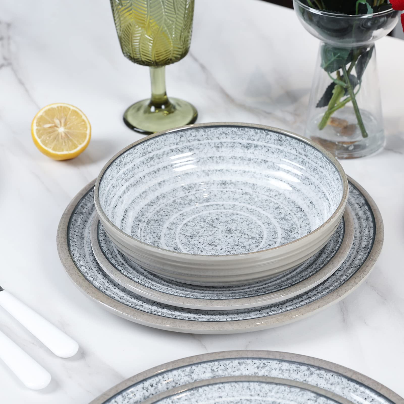 Gofunfun Melamine Dinnerware Sets 12 PCS - Service for 4 Plates & Bowls Sets Dishwasher Top-Shelf Safe, BPA Free Dinner Dishes Set for Everyday Use-Granite Pattern Gray