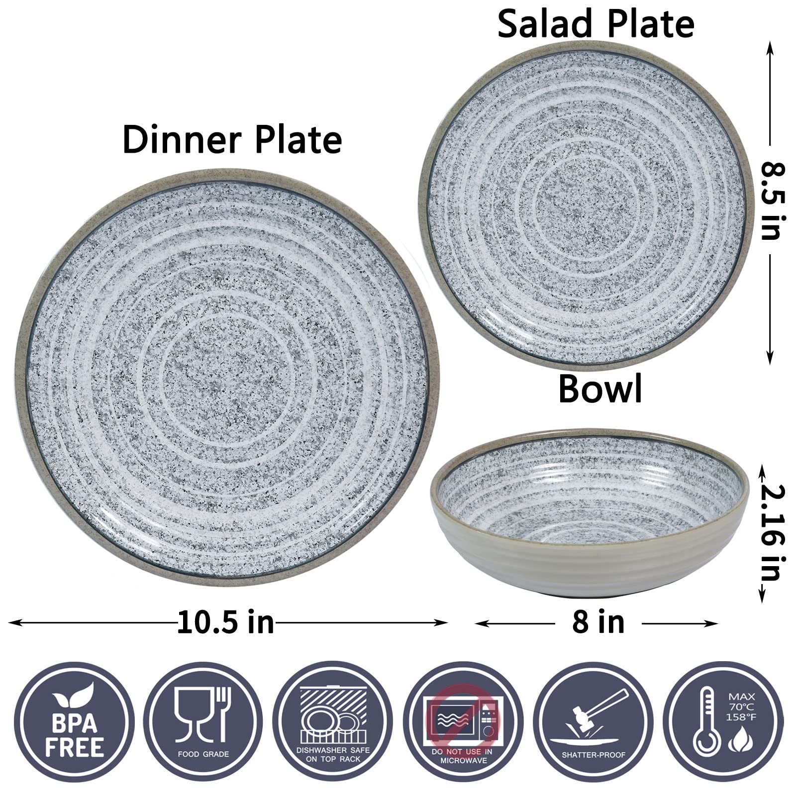 Gofunfun Melamine Dinnerware Sets 12 PCS - Service for 4 Plates & Bowls Sets Dishwasher Top-Shelf Safe, BPA Free Dinner Dishes Set for Everyday Use-Granite Pattern Gray